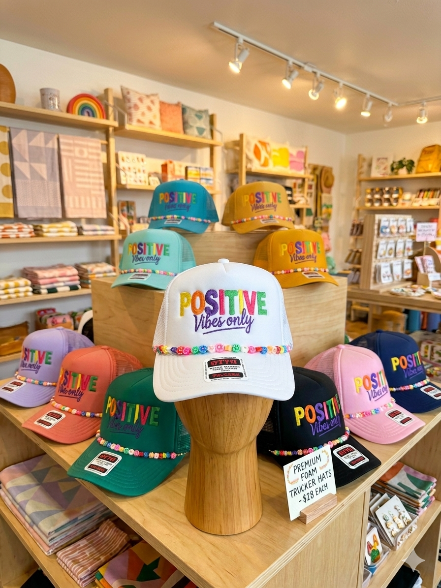 Simply Stitched Positive Vibes Only trucker hat.