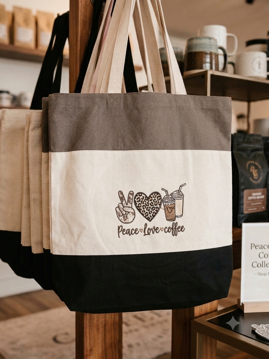 Simply Stitched Peace, Love Coffee Tote.