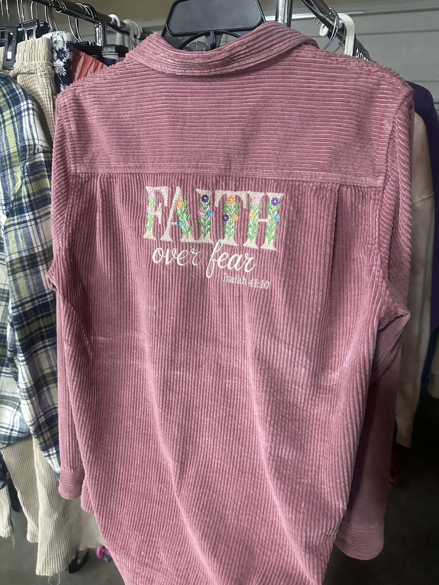 Simply Stitched Faith over Fear Corduroy Shacket. Size M