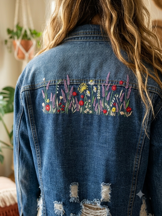🌷Simply Stitched Cropped Floral Denim Jacket