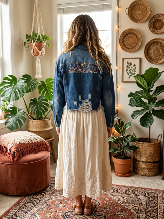 🌷Simply Stitched Cropped Floral Denim Jacket